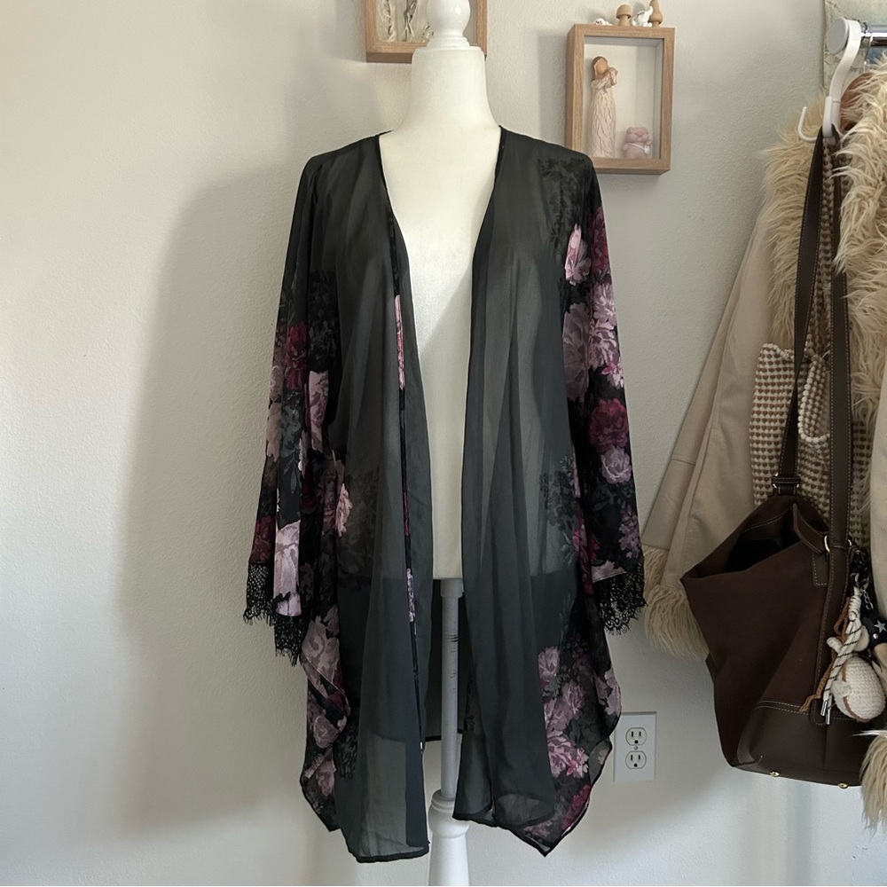 Sheer Floral Kimono Cardigan in Black & Purple Lace Romantic Fan Sleeve Spring
